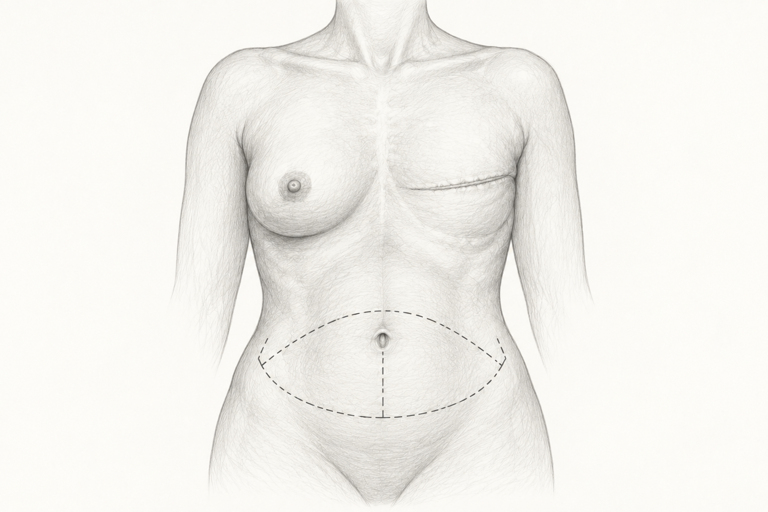 Ilustración de reconstrucción mamaria con tejido del abdomen mediante colgajo DIEP.