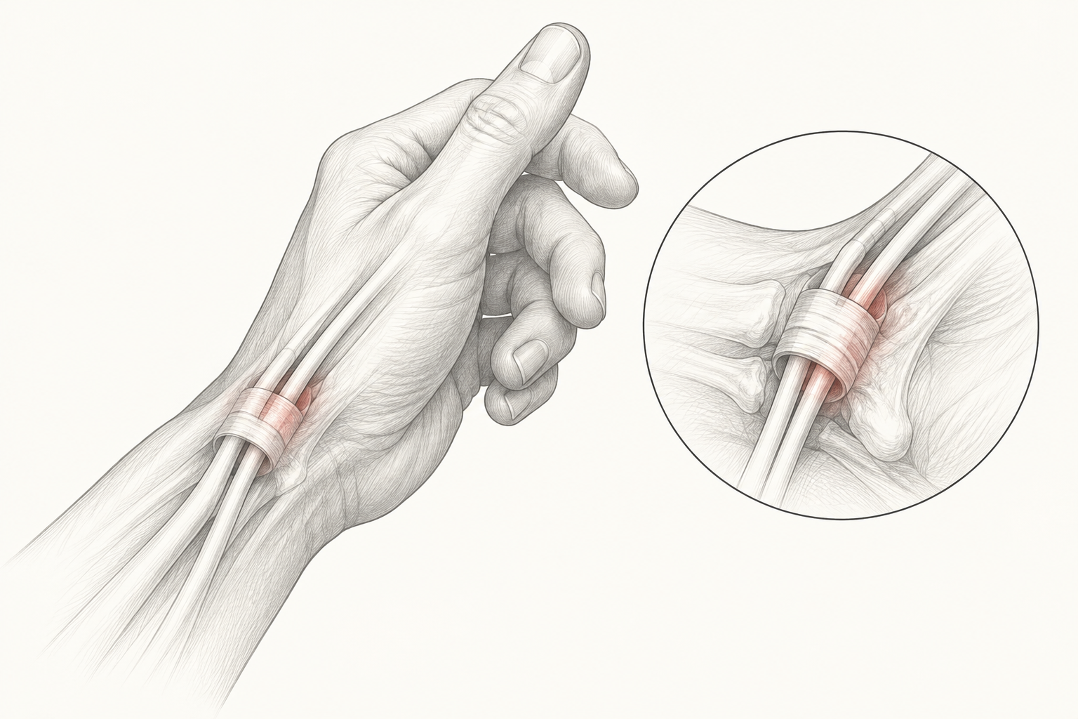 Ilustración de los tendones del pulgar y su vaina en la muñeca.