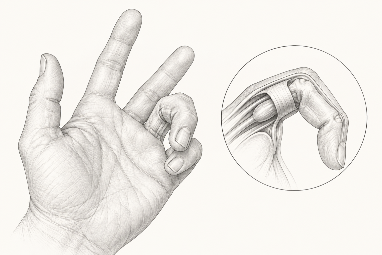 Ilustración de un dedo flexionado y detalle de su tendón y polea.