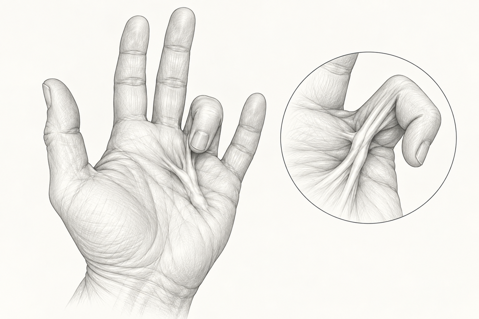 Ilustración de un dedo flexionado por una cuerda palmar en la enfermedad de Dupuytren.