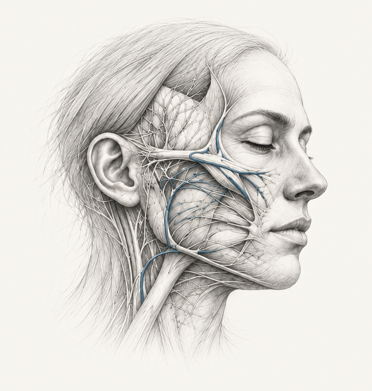 Ilustración anatómica del nervio facial y sus ramas.