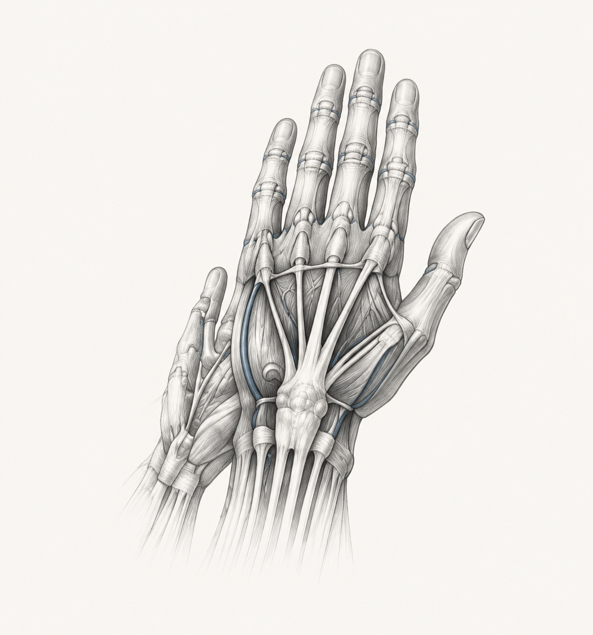 Ilustración anatómica de los tendones y huesos de la mano.