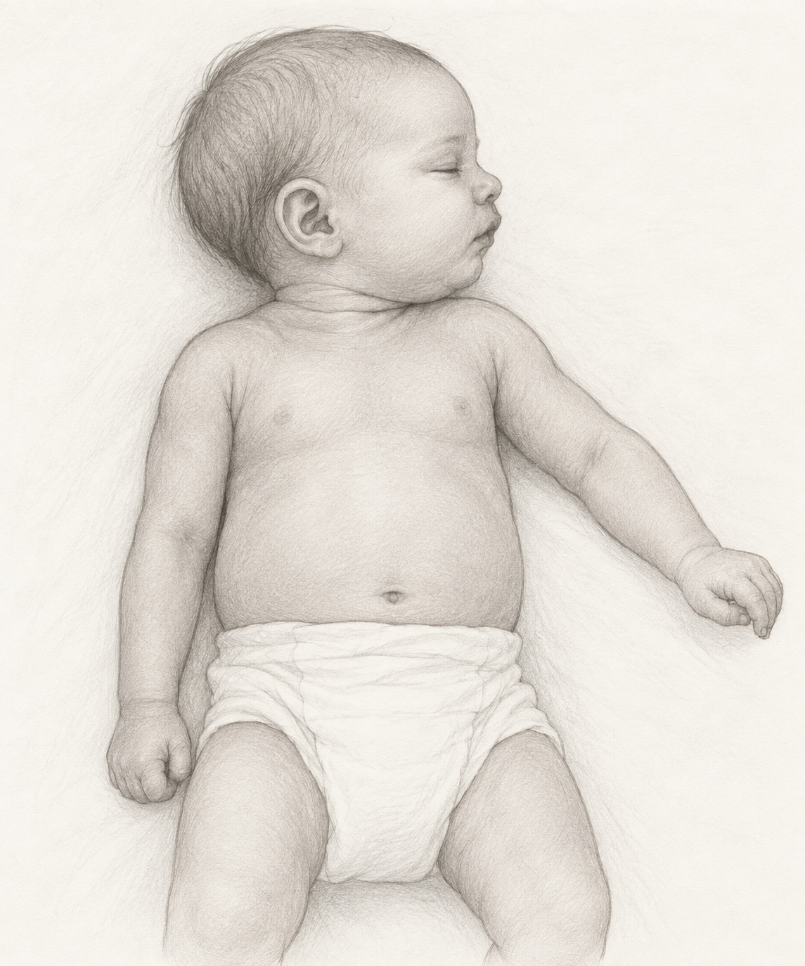 Ilustración de un bebé con un brazo junto al cuerpo y el codo extendido.