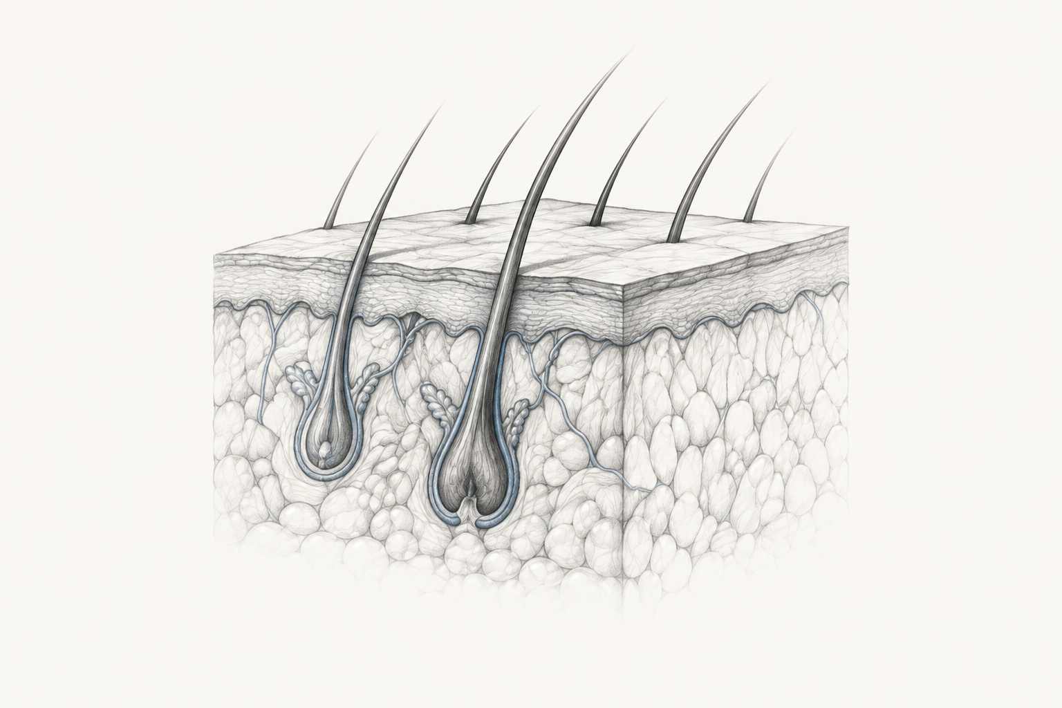 Ilustración de un corte de piel y sus estructuras.
