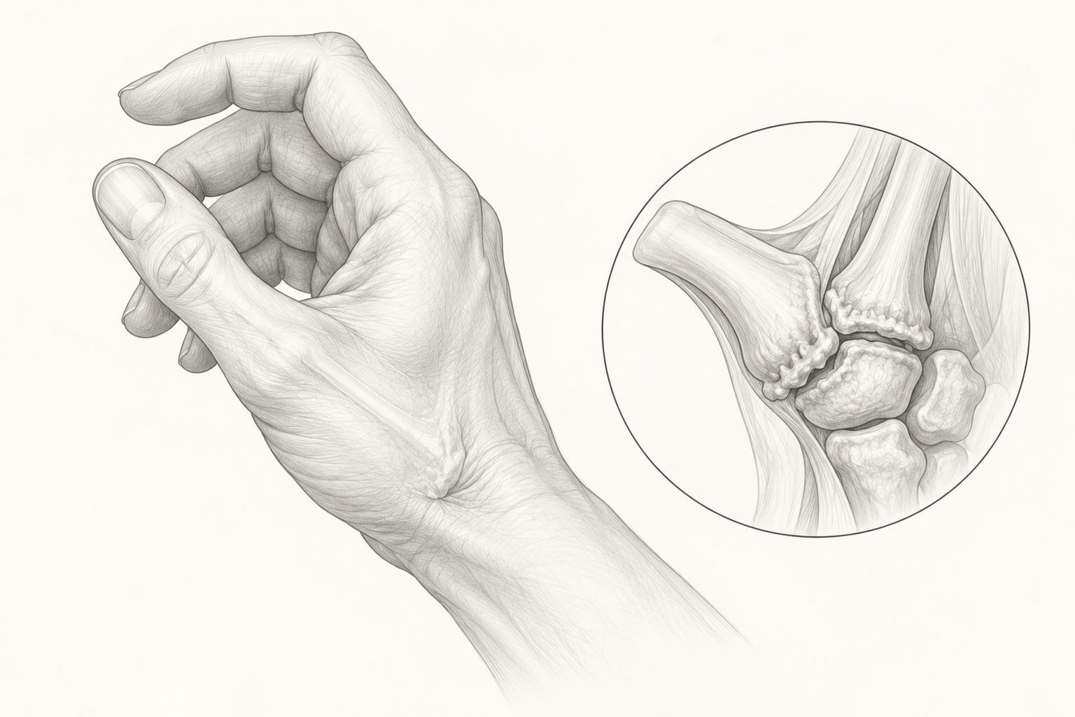 Ilustración del pulgar con detalle de su articulación basal.